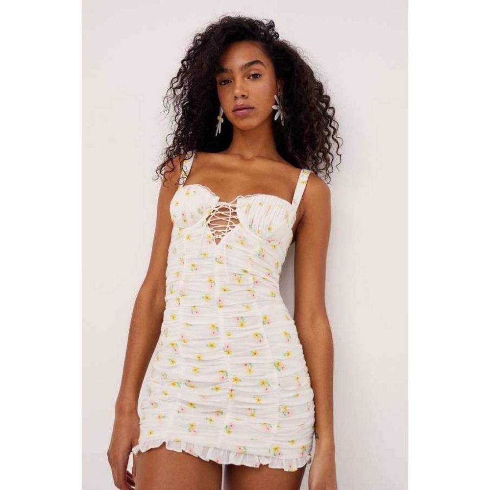 For Love & Lemons Celia Floral Embroidered Shirred Lace-Up Mini Dress XS